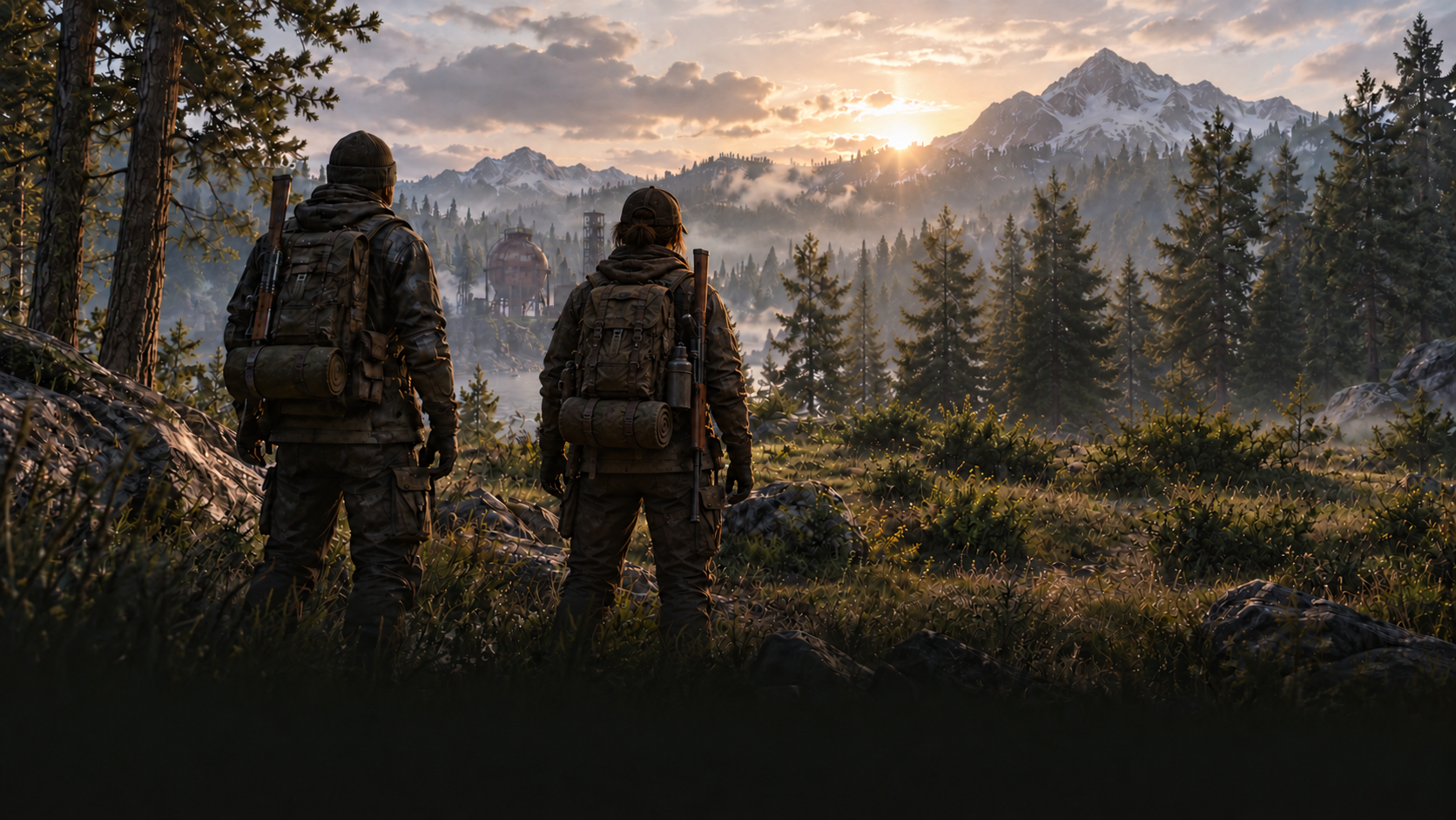 Two survivors overlooking a forest valley at sunrise