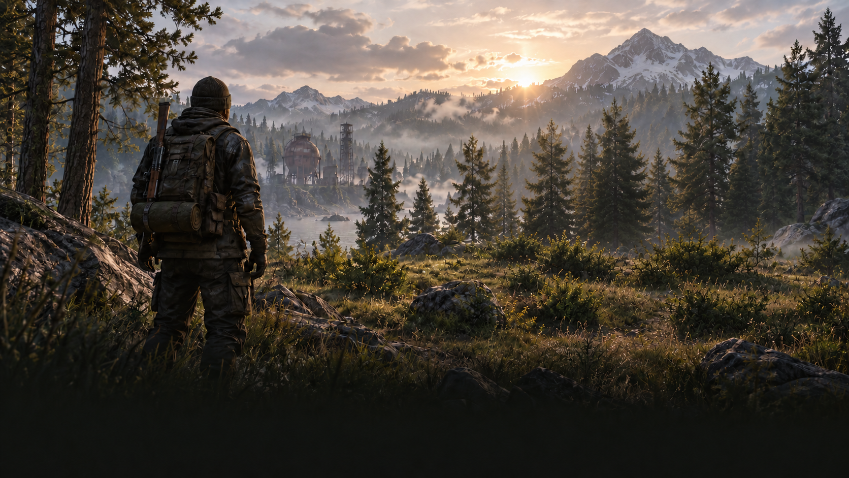 Lone survivor overlooking a forest valley at sunrise
